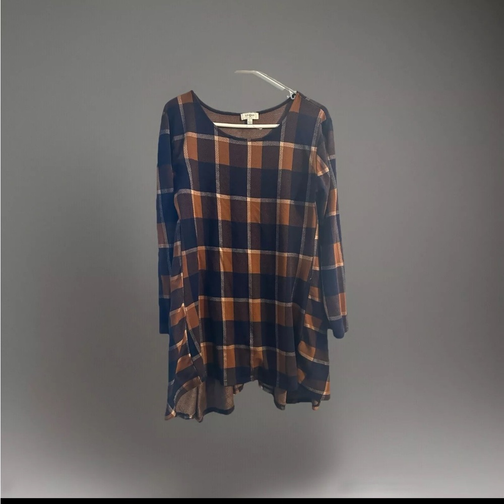 Umgee Shirt Large  Plaid Knit Navy Blue Brown Peplum Top Long Sleeve Academia